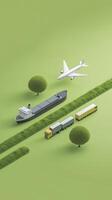 3D illustration of transportation modes including airplane, cargo ship, truck, and train on green landscape with trees, representing logistics and supply chain management concepts photo