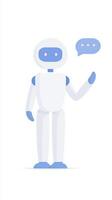 Friendly robot character in a flat illustration style, gesturing with one hand while displaying a speech bubble, representing communication and technology concepts in a modern design photo