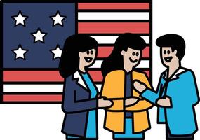 Three people are smiling and shaking hands in front of an American flag vector