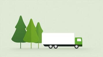 A truck is driving through a forest with trees photo