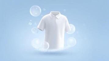 White polo shirt mock up floating in a soft blue background with bubbles, creating a fresh and clean atmosphere for design and branding purposes photo