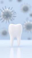 White tooth model stands prominently against a soft blue background, with abstract virus shapes blurred in the distance, illustrating dental health and hygiene concepts photo
