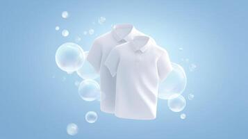 Two white polo shirts floating against a soft blue background with bubbles, showcasing a clean and fresh appearance ideal for clothing mock up and design purposes photo
