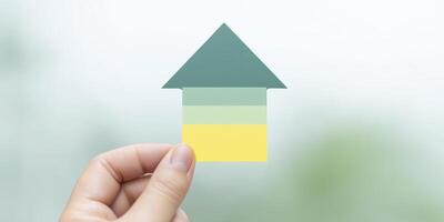 Hand holding a colorful paper arrow symbolizing growth and progress, with soft blurred background creating an inspiring and motivational atmosphere for business concepts photo