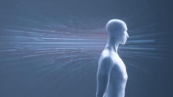 Abstract 3D illustration of a human figure in profile, surrounded by dynamic lines and light trails, symbolizing speed, technology, and the concept of digital transformation photo