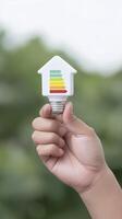 Hand holding energy efficiency light bulb with green background photo