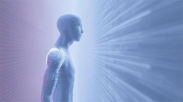 Futuristic humanoid figure composed of digital elements stands in a vibrant environment, illuminated by colorful light beams, representing the intersection of technology and humanity photo