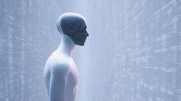 Futuristic humanoid figure with a digital face, surrounded by flowing data streams, representing the intersection of technology and human-like forms in a modern digital landscape photo