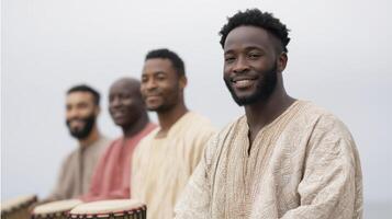 Group of four men wearing traditional attire, smiling and playing drums outdoors, showcasing cultural music performance and community spirit in a harmonious atmosphere photo