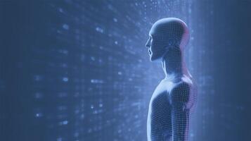 Futuristic digital human figure in profile, composed of glowing particles and data streams, representing technology, innovation, and the intersection of humanity and artificial intelligence photo