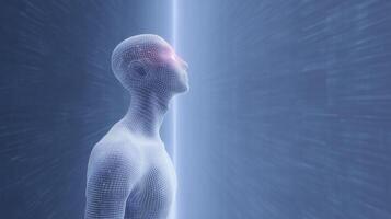 Futuristic digital human figure with glowing eyes, depicted in a wireframe style, standing against a dynamic background of light and motion, symbolizing advanced technology and innovation photo