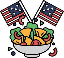 A bowl of salad with two American flags in the background vector