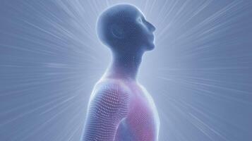 Abstract digital illustration of a human figure composed of glowing particles, emanating light and energy, symbolizing enlightenment and the connection between mind and body in a serene atmosphere photo