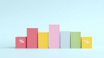 Colorful bar graph made of containers in pastel shades, representing data visualization with percentage symbols, ideal for illustrating growth and analysis in business presentations photo