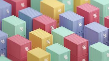 Colorful shipping containers arranged in a vibrant pattern, showcasing various hues and percentage signs, symbolizing trade, commerce, and logistics in a dynamic visual composition photo