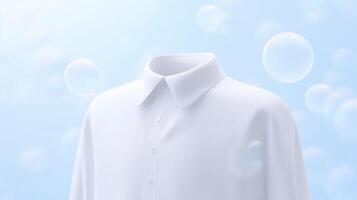 White shirt mock up with clean design, floating in a soft blue background with bubbles, ideal for showcasing fashion concepts and branding ideas in a minimalist style photo