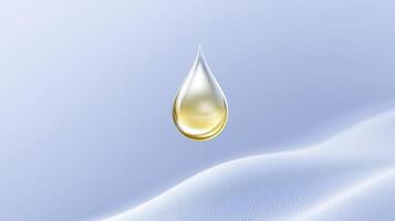 Droplet of liquid with a glossy surface, suspended in mid-air against a soft gradient background, symbolizing purity and freshness in a minimalist design photo