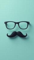 Fake mustache and glasses forming a funny face on turquoise background photo