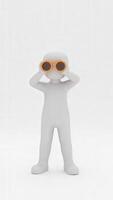 3d character using binoculars exploring and searching on white background photo
