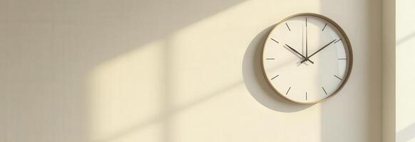 Modern clock hanging on wall with sunlight creating shadows photo