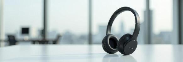 Modern wireless headphones on a sleek table in a bright office setting, showcasing design and functionality, perfect for music lovers and professionals, audio equipment concept photo