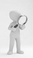3d character holding magnifying glass exploring and investigating photo