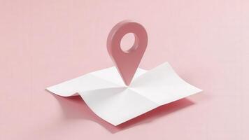 Pink location pin pointing folded paper map on pink background photo