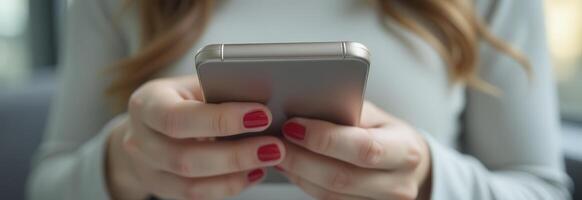 Woman using smartphone, browsing internet, mobile apps, social media photo