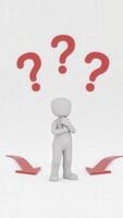 3d character thinking about the right decision with question marks and arrows photo