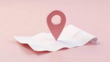 Pink location pin pointing on white folded map on pink background photo