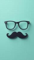 Black glasses and mustache creating a face on turquoise background photo