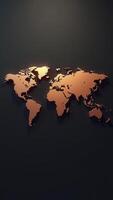 Golden world map shining on dark background representing global business and international trade photo