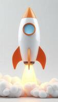 Orange and white rocket launching leaving clouds behind on white background photo