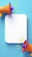 Two colorful megaphones pointing at blank white board on blue background photo