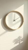 Minimalist clock showing time on white wall with sunlight and plant shadow photo