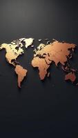 Golden world map showing all continents and countries on dark background photo