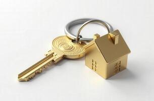 Golden key and house keychain resting on white surface photo