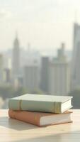 Pastel colored books resting on wooden table with city view photo