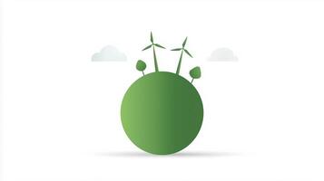 Green globe illustration featuring wind turbines and trees, symbolizing renewable energy and environmental sustainability with a clean, modern design and soft cloud accents photo