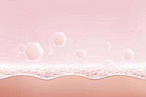 Abstract illustration of skin layers with hexagonal structures floating above, showcasing a soft pink gradient background, representing beauty and skincare concepts in a modern design photo