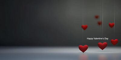 Happy valentine's day greeting card with hanging hearts and gray background photo