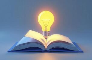 Glowing light bulb emerging from open book symbolizing knowledge and ideas photo