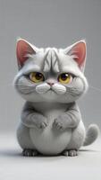 Grumpy white kitten sitting with paws folded, 3d render photo