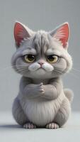 Grumpy gray kitten sitting with folded paws, frowning and looking suspicious photo