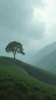 Lonely tree standing on a green hill overlooking misty mountains photo