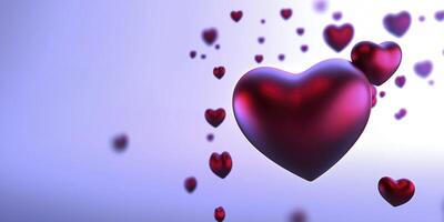 Many red hearts floating on purple background representing love and valentine's day. 3d rendering of multiple heart photo