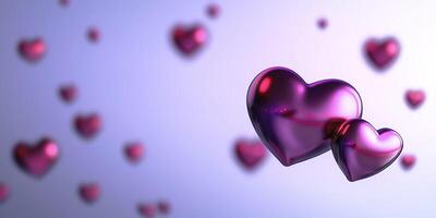 Two shiny purple hearts are floating on a purple background with smaller hearts blurred in the foreground and background, representing themes of love, romance, and valentine's day photo