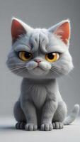Grumpy gray kitten sitting with orange eyes and fur, 3d render photo