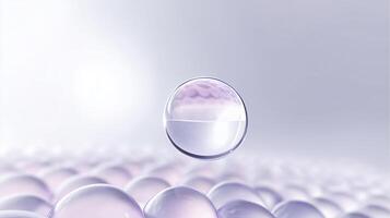 Transparent bubble suspended above a cluster of soft purple spheres, creating a serene and ethereal atmosphere, showcasing delicate reflections and light play in a minimalist setting photo