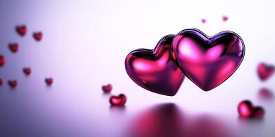 Two shiny hearts floating and celebrating valentine's day with smaller hearts in background and foreground photo